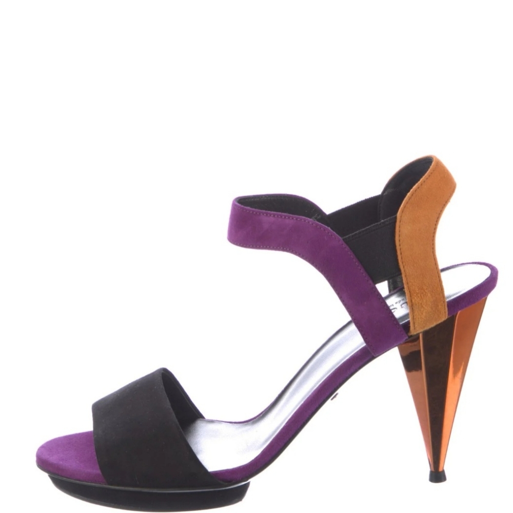 NWT Gucci Black Purple Orange Genuine Suede Leather Slingback Shoes Pumps Heels